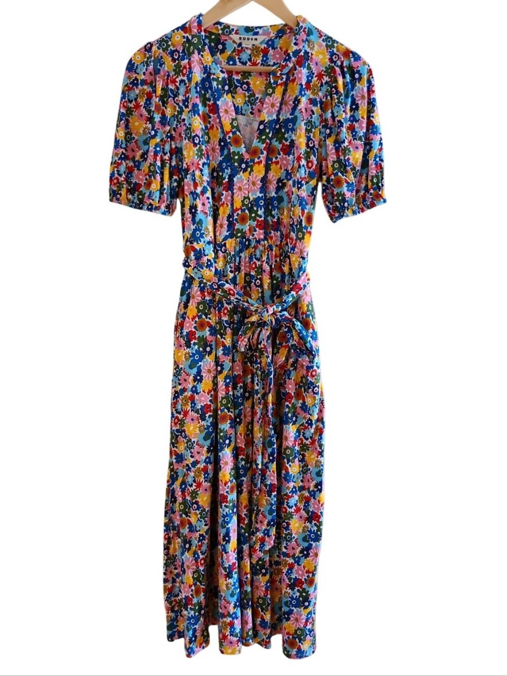Boden Sofia Trim Jersey Midi Dress Floral Pink Multicolor Belred Waist Pockets - Picture 3 of 16